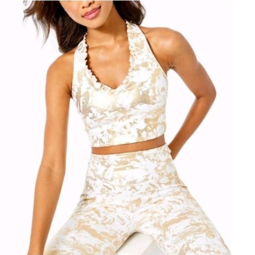 Lilly Pulitzer Gold Shoreline Foil Lindsay Sports Bra Luxletic UPF 50+ Medium